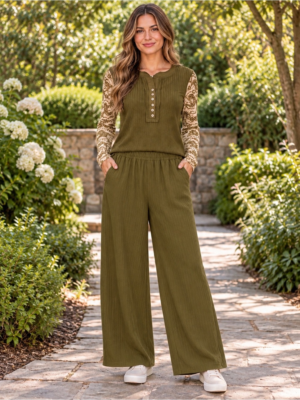 H102 New Oli & Hali M ptp17-20 Olive Green Henley Top Paisley Cream Sleeves -